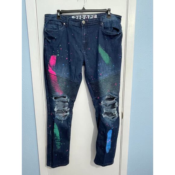 VTG Red Ape Jeans 38x32 Moto Style Distressed Paint Splatter Baggy Grunge READ - Picture 1 of 9